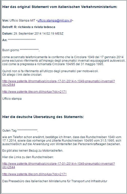 Stellungnahme des italienischen Verkehrsministerium